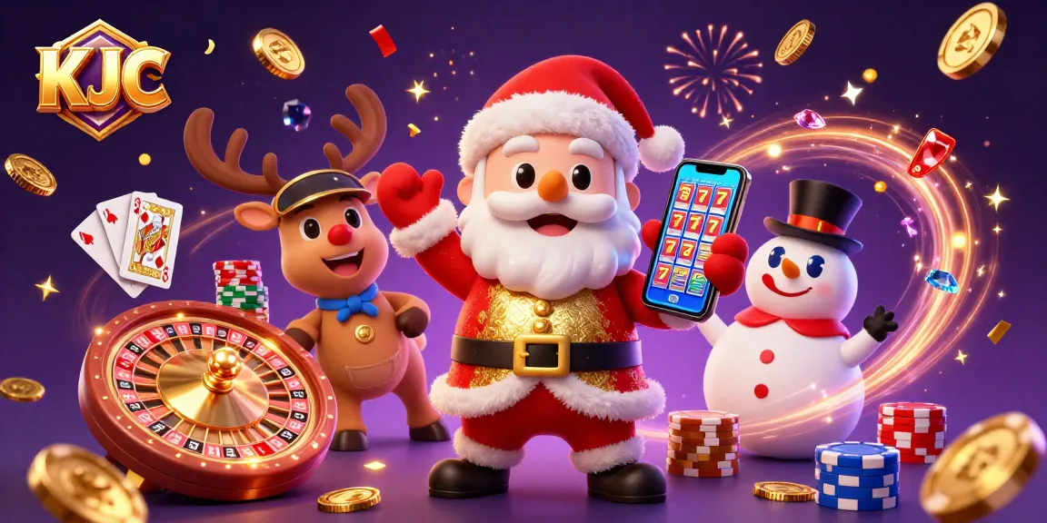 KJC's festive casino scene features Santa with a jackpot smartphone, reindeer dealer, and poker chip snowman.