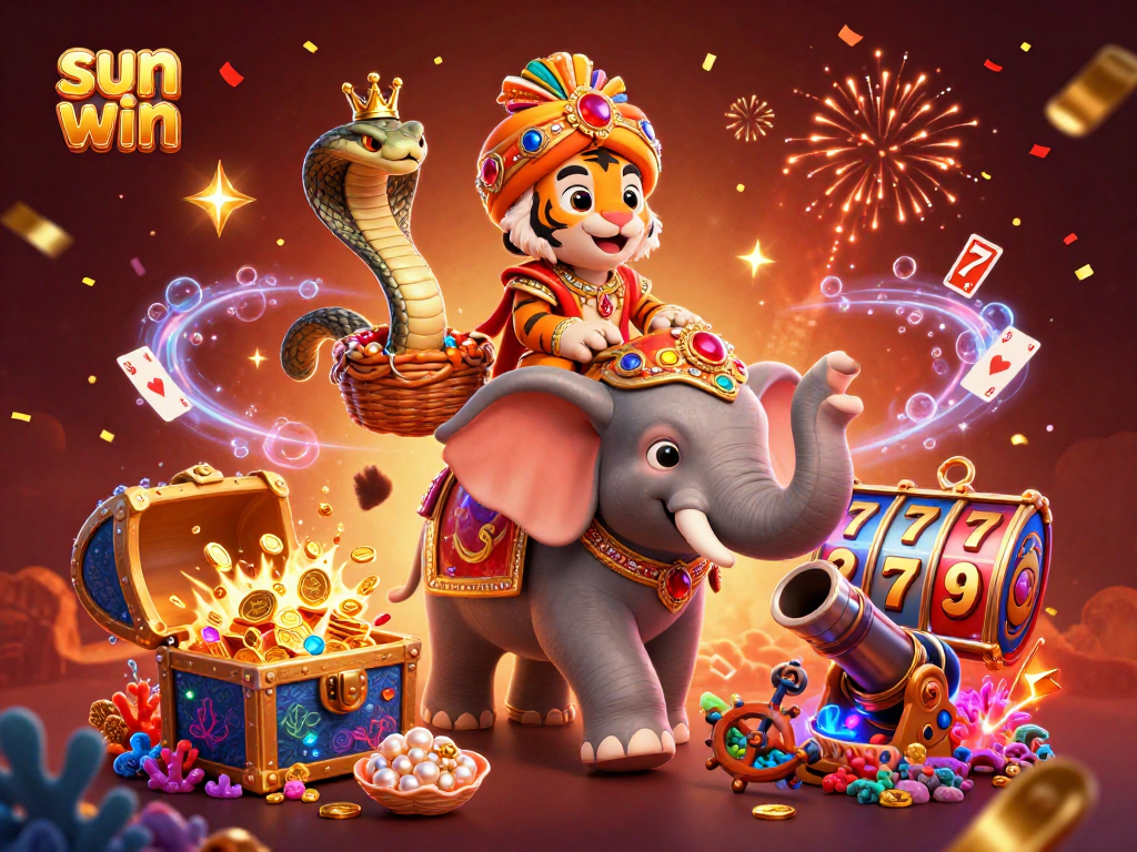 Spin to win with sun win at the vibrant casino, featuring a jewel-encrusted elephant and a tiger amidst rich gaming elements.