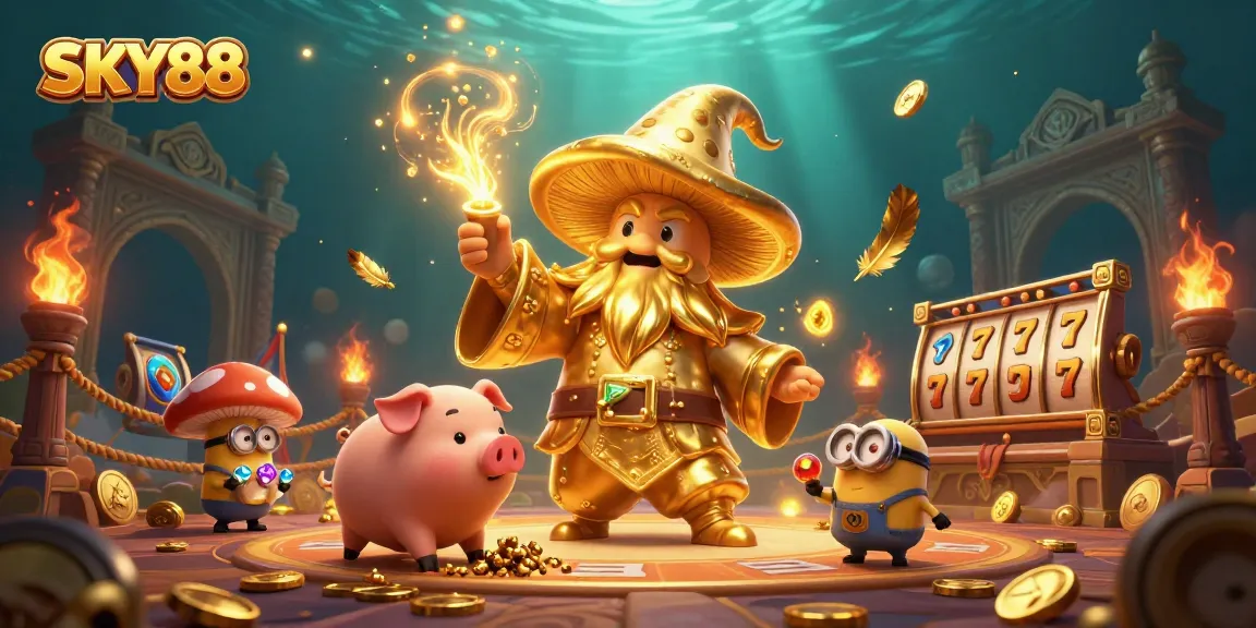 Engage in thrilling gameplay with SKY88, featuring a magical wizard, treasure-seeking pig, and immersive slot elements.
