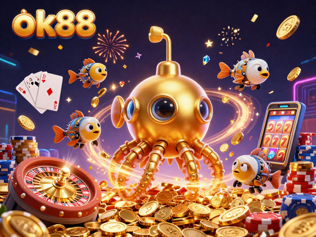 Experience the excitement of ok88 with a golden kraken and jackpot elements in a captivating casino illustration.