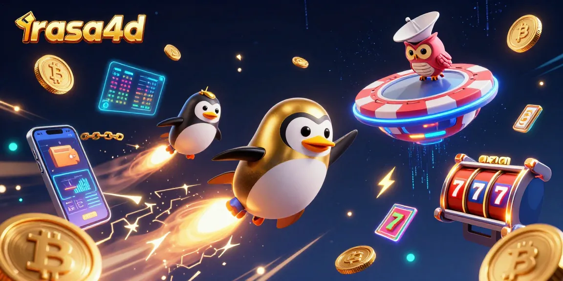 Rasa4d menghadirkan permainan slot dengan penguin emas yang membawa koin saat meluncur.