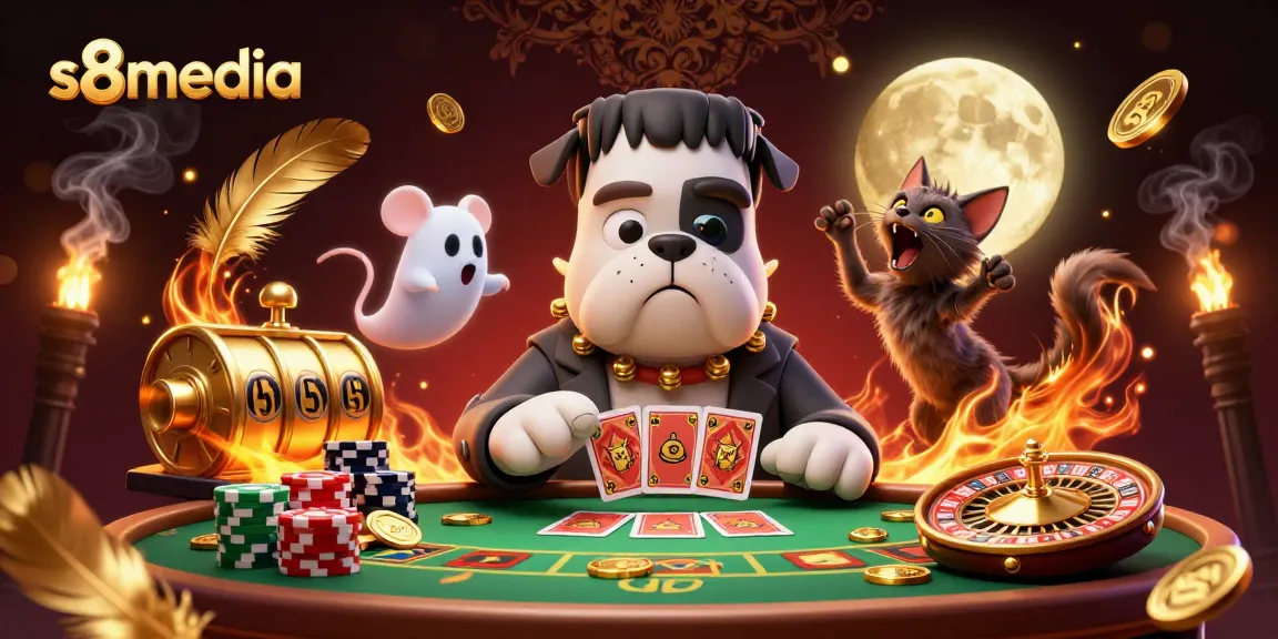 Engage with s8media's thrilling card games featuring a unique Frankenstein bulldog dealer.