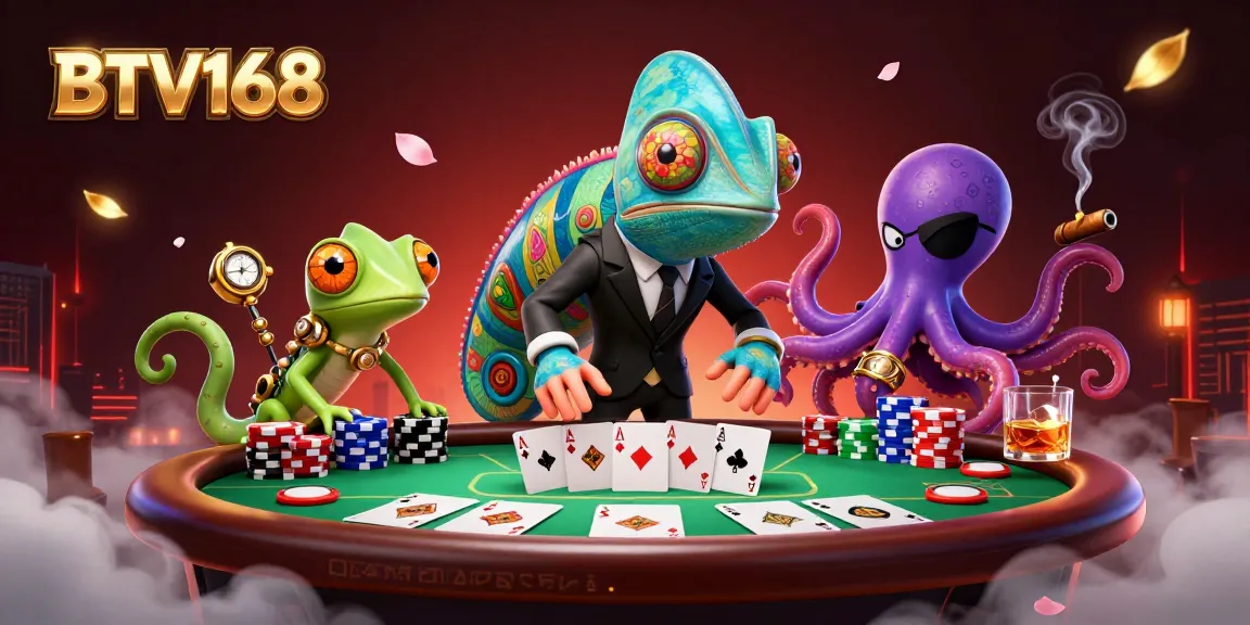 Play exciting casino games with BTV168, featuring a colorful poker scene with lively characters.