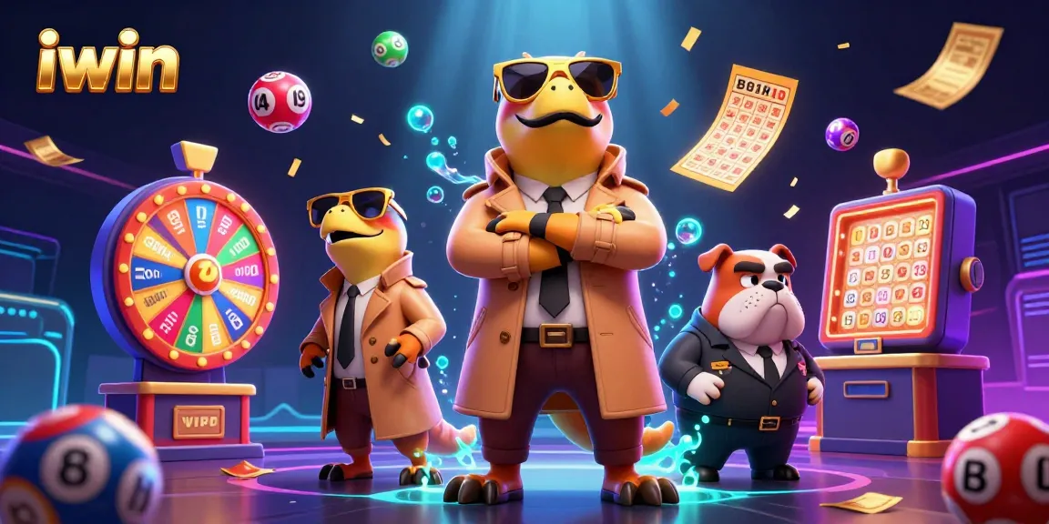 Enter the VIP casino lounge with iwin's three raptors humorously disguised, surrounded by colorful lottery elements.