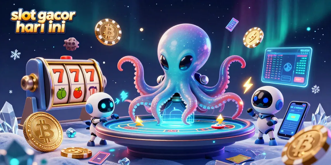 Experience the thrill of slot gacor hari ini with an alien octopus at a cosmic casino table surrounded by vibrant gaming elements.