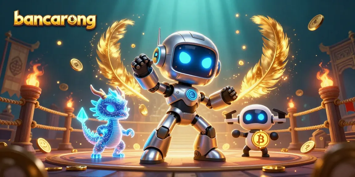 Bancarong showcases a thrilling casino scene with a cyberpunk robot, AI dragon, and bitcoin drone.
