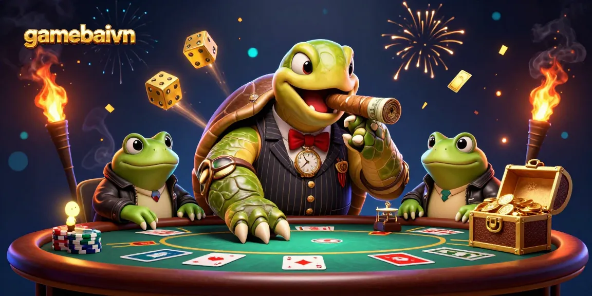 Engage in the thrilling poker action at gamebaivn with vibrant characters and golden elements.