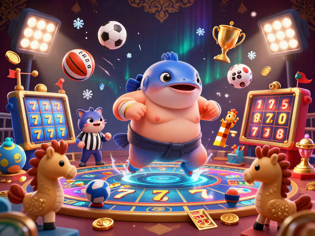 Spin the slot reels in an exciting scene with a fugu in a sumo belt and cheering seahorse fans.