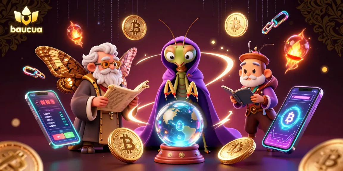 Engage in baucua with vibrant characters and dynamic crypto-themed elements in a lively 3D casino scene.