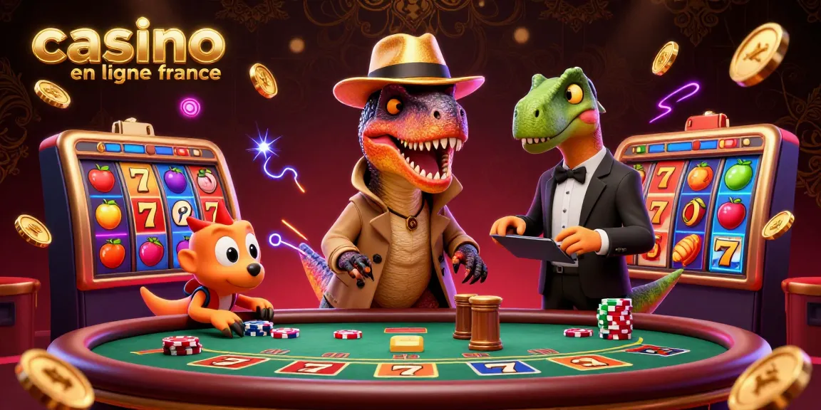 Casino en ligne France, un vélociraptor compte les cartes à la table de blackjack entouré de symboles de machines à sous et de billets d'argent.