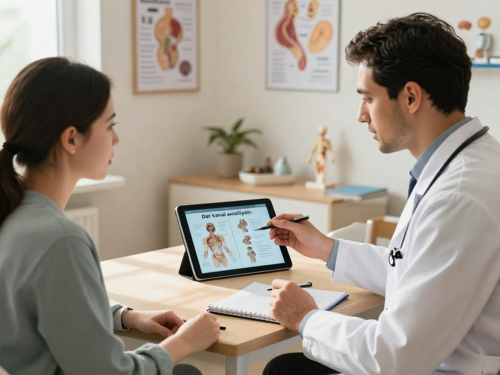 Explaining Dar kanal ameliyatı options during a patient consultation in a cozy healthcare setting.