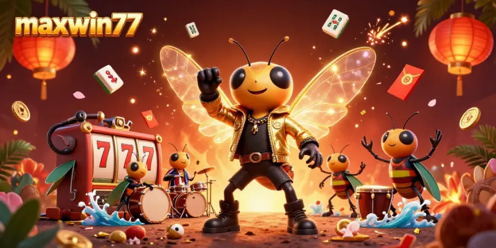 Spinning slot reels with themed characters celebrating maxwin77 excitement in a vibrant casino atmosphere.