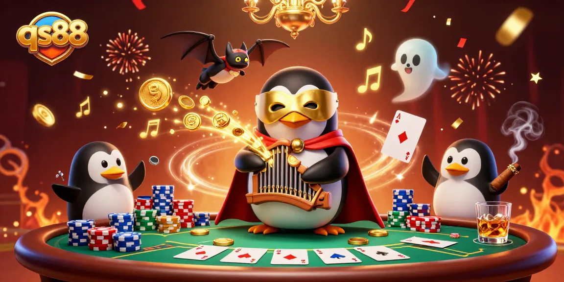 Experience the excitement of qs88's casino with a lavish 3D penguin character, golden coins, and poker elements.