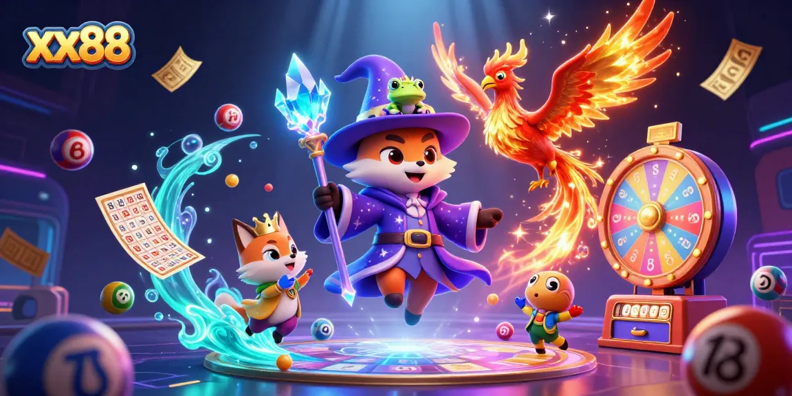Experience the thrills of xx88 with a mystical fox wizard and vibrant gaming elements.
