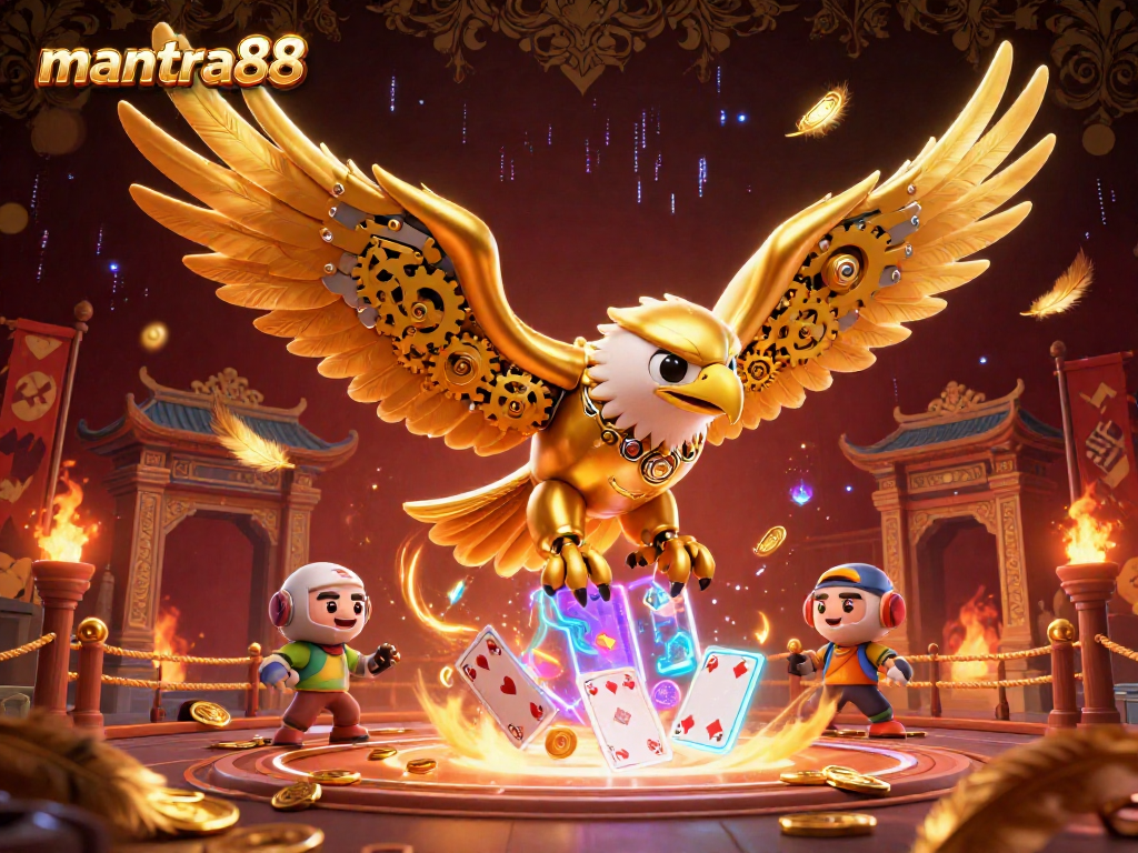Experience the thrill of mantra88 with a stunning 3D eagle diving through holographic cards amidst golden tokens and slots.