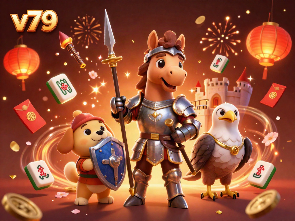 Experience thrilling excitement at v79 with immersive casino games, floating chips, and festive decorations.