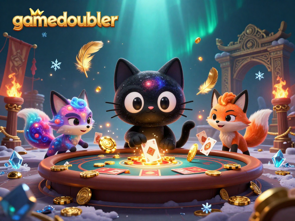 Experience gamedoubler excitement with a cosmic casino cat pulling in chips at a vibrant 3D scene.