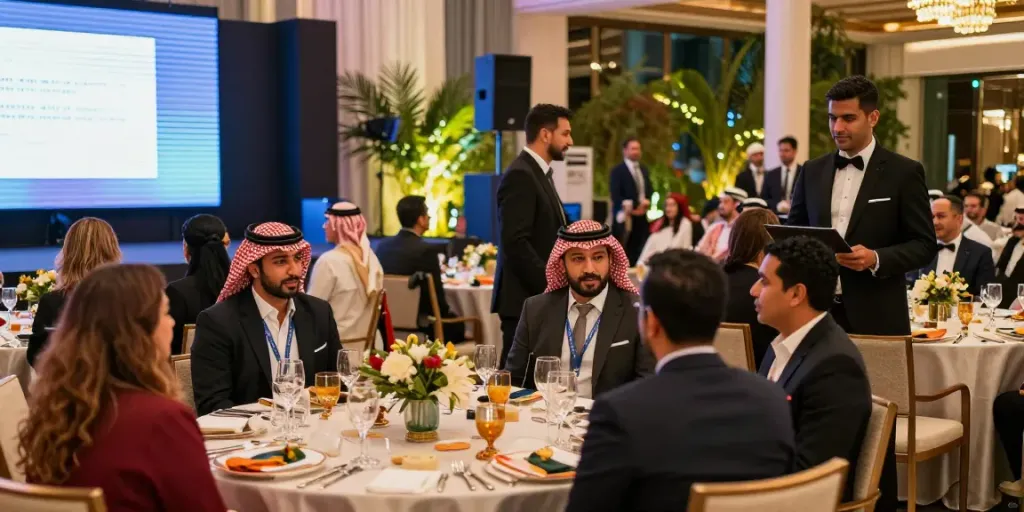 Engaging corporate event showcasing luxury decor and AV technology for event rental ksa.