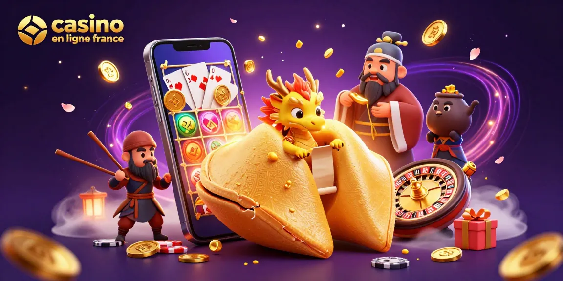 Les jeux de casino en ligne France avec un dragon sage et un cookie chanceux en illustration dynamique.