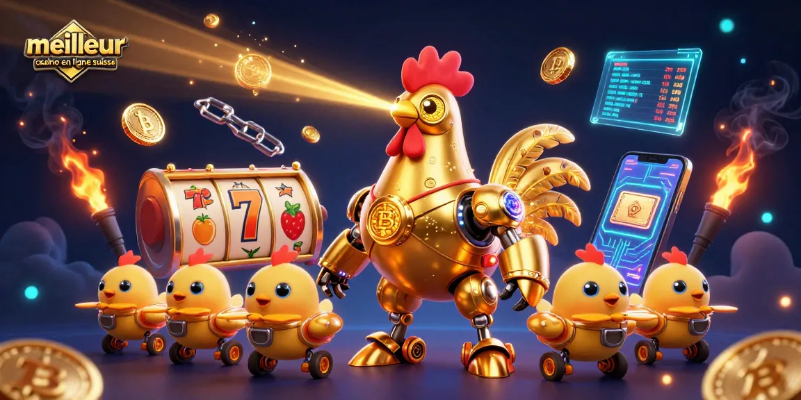 Découvrez le meilleur casino en ligne suisse avec un robot coq doré, des drones et des éléments de jeu captivants.