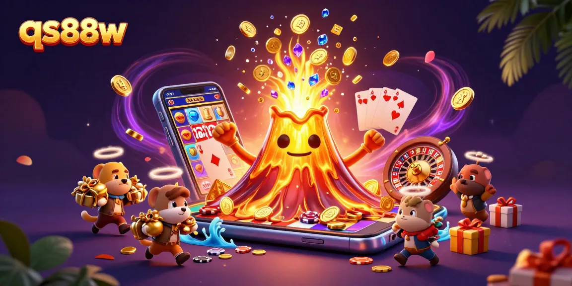 Experience excitement with qs88w as the golden volcano erupts coins, gems, and thrilling casino elements.