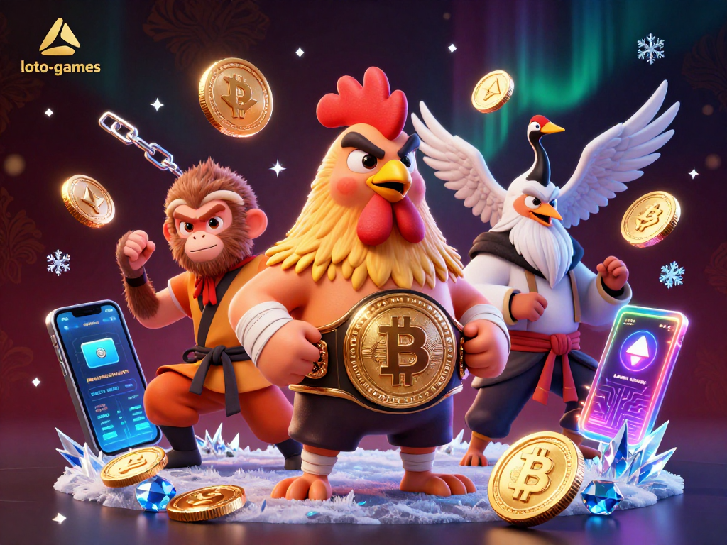 Loto-games brings together a fierce Thai rooster, a Shaolin monkey, and a crane master amid crypto-themed gameplay elements.