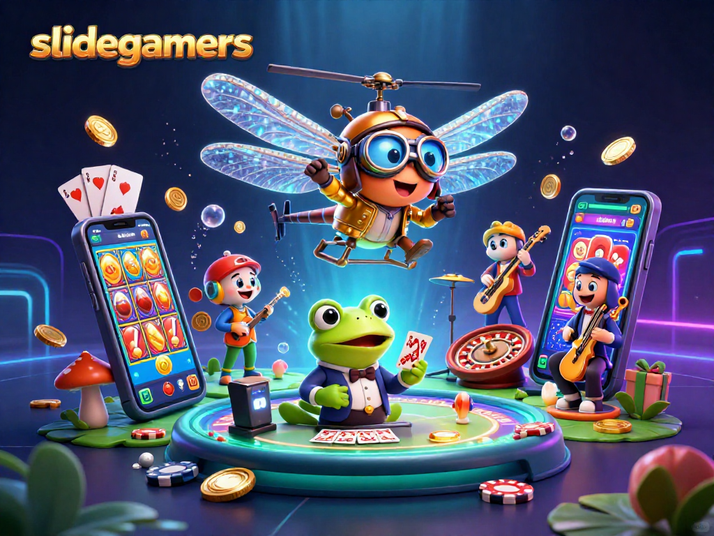 Engage in thrilling gaming with slidegamers featuring a vibrant dragonfly pilot and frog croupier.