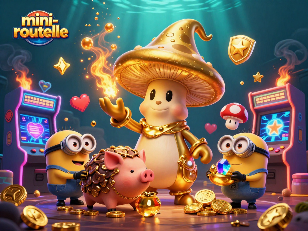 Engage in mini-roulette gameplay with a whimsical illustration of a golden mushroom wizard and treasures.