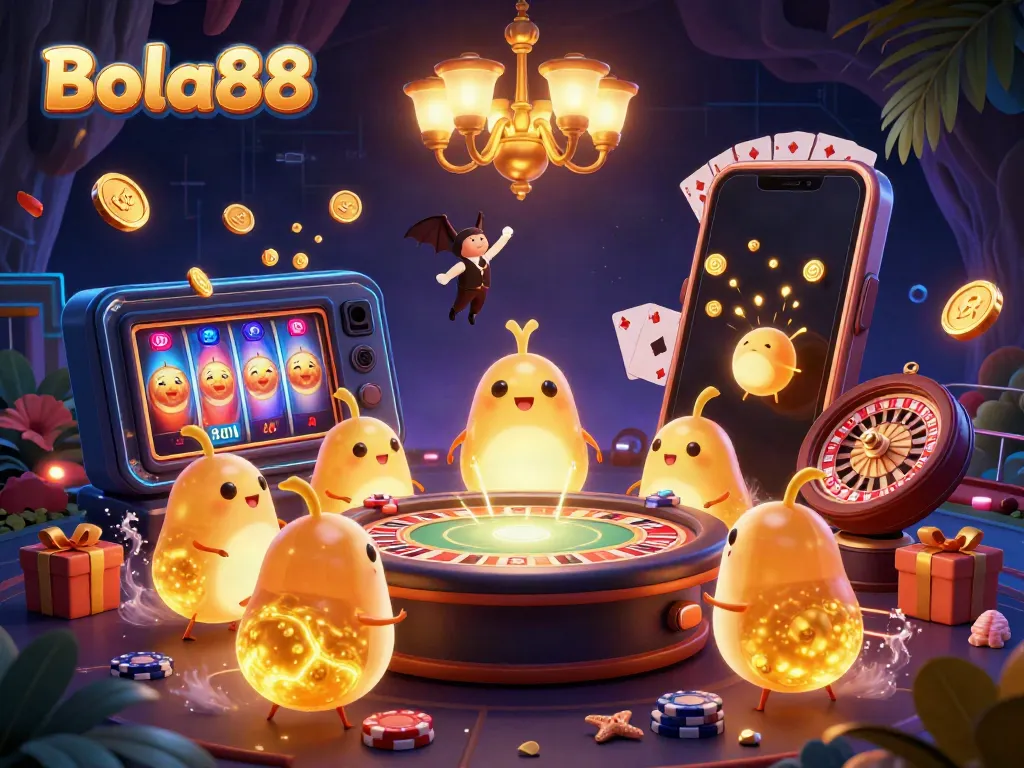 Bola88 illuminated by glowworms in a vibrant 3D cave casino scene showcasing exciting gaming elements.