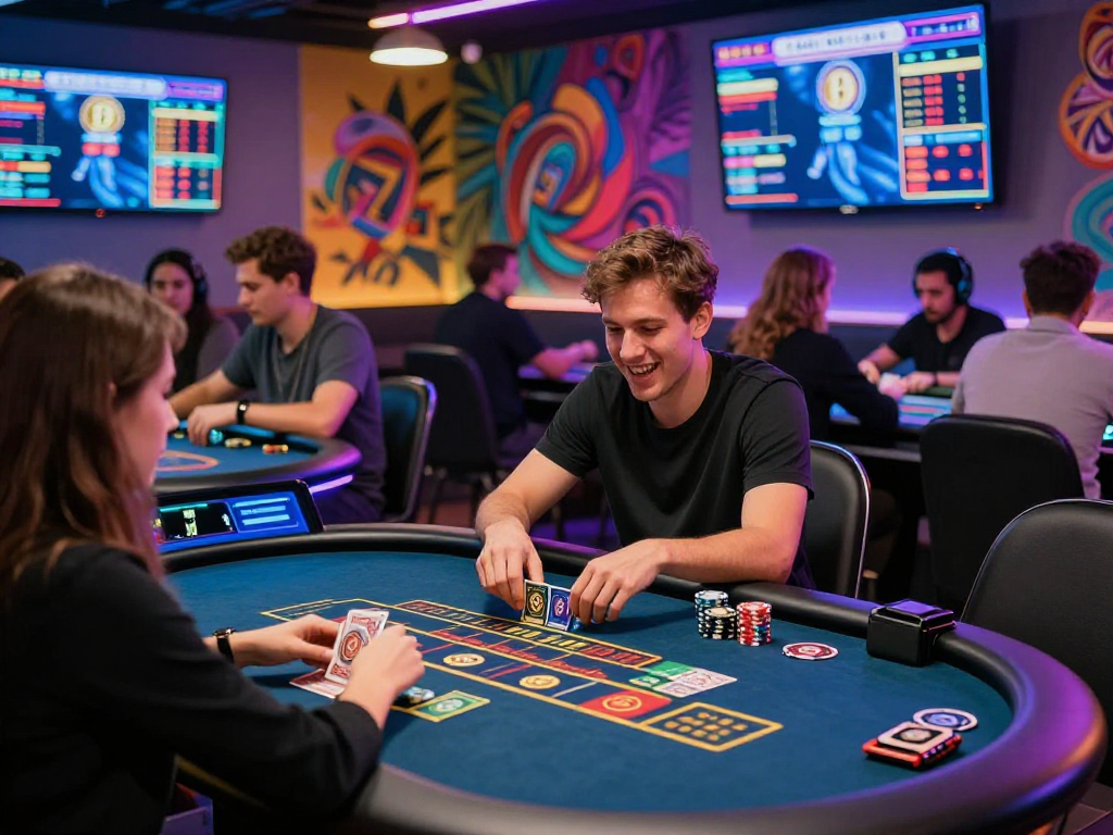 Exciting scene at a crypto casino where players engage in digital games with vibrant lights and screens.
