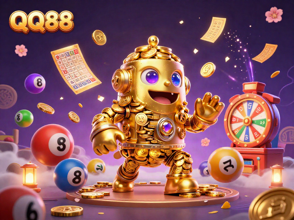 Experience excitement with QQ88's dynamic gaming scene featuring vibrant casino elements and a golden golem.