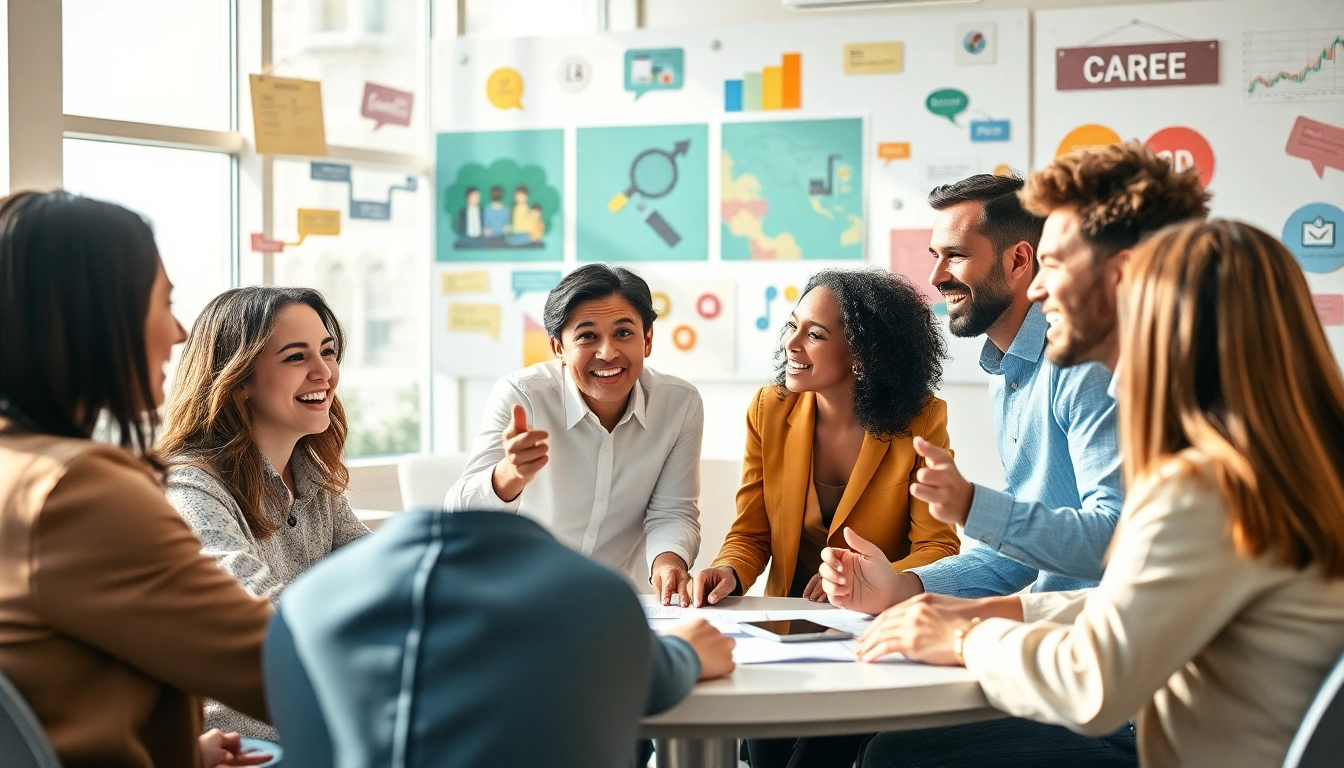 Empowered individuals collaborating to discover their Ideal Career in an engaging workshop setting.