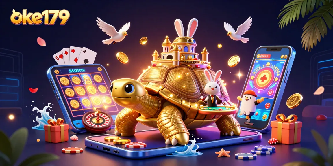 Bet on oke179 with a vibrant, cartoonish 3D casino scene featuring a golden tortoise and a rabbit dealer.