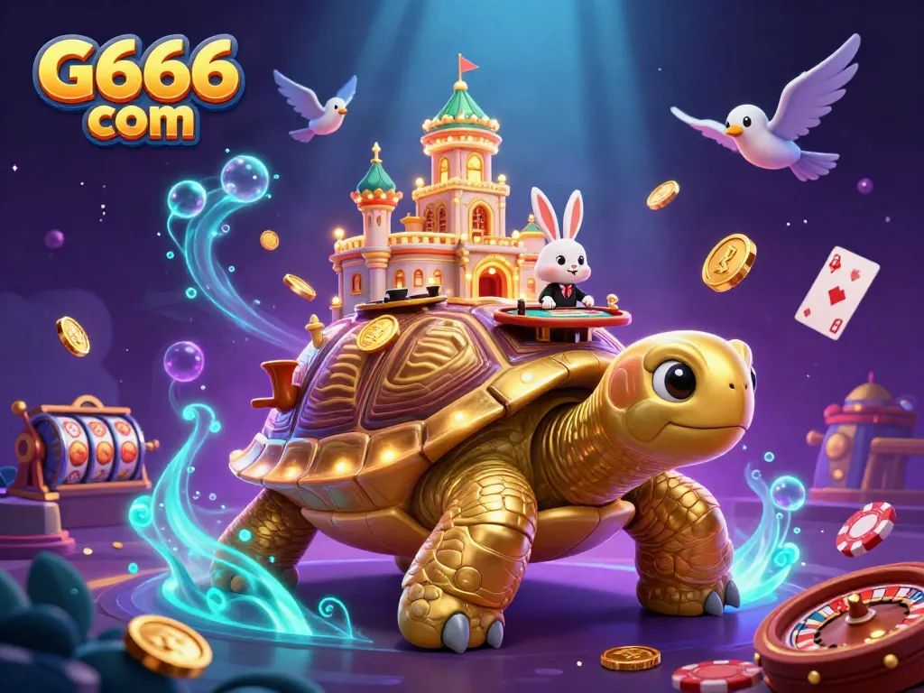 Experience the vibrant G666 com casino scene with a golden tortoise, rabbit dealer, and game elements.
