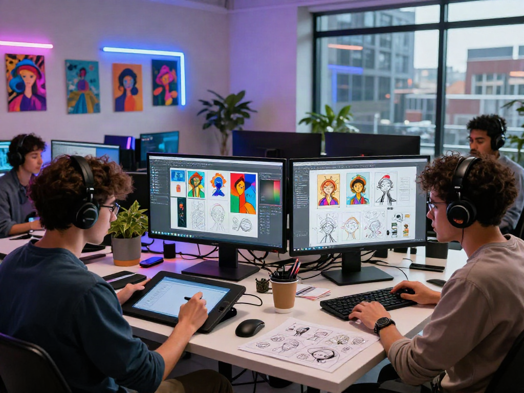 Creative workspace with animators collaborating on AI porn art projects, vibrant designs on screens.