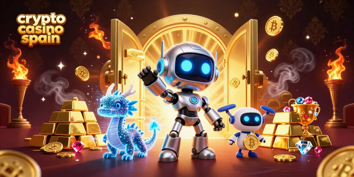 Un emocionante escenario de un crypto casino en España, con un robot y un dragón holográfico.