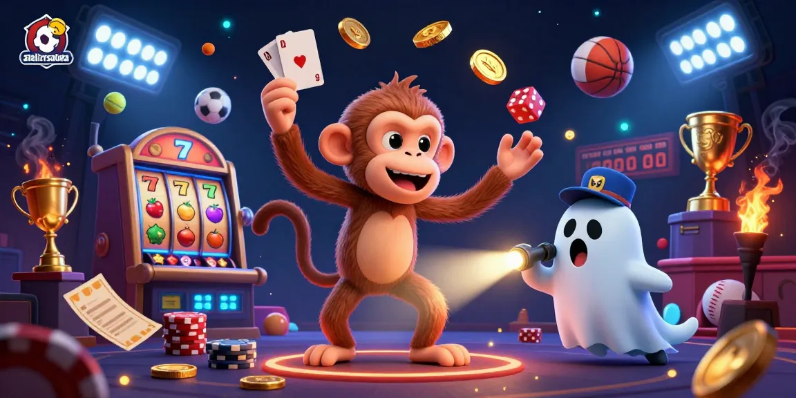Experience thrilling slots at ateliersaluka with a mischievous monkey juggling casino tokens in an exciting digital illustration.