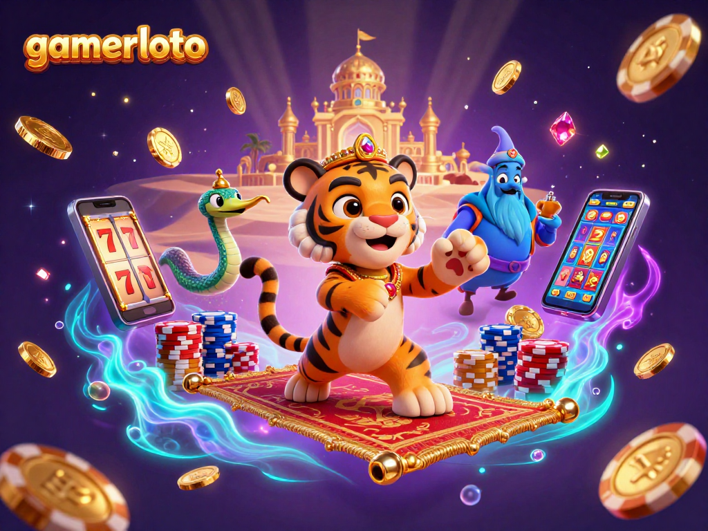 Experience gamerloto's thrilling slots with a tiger sultan on a magical poker chip carpet.