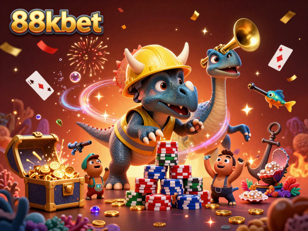 Engage in thrilling gameplay at 88kbet with cartoon dinosaurs celebrating a jackpot!