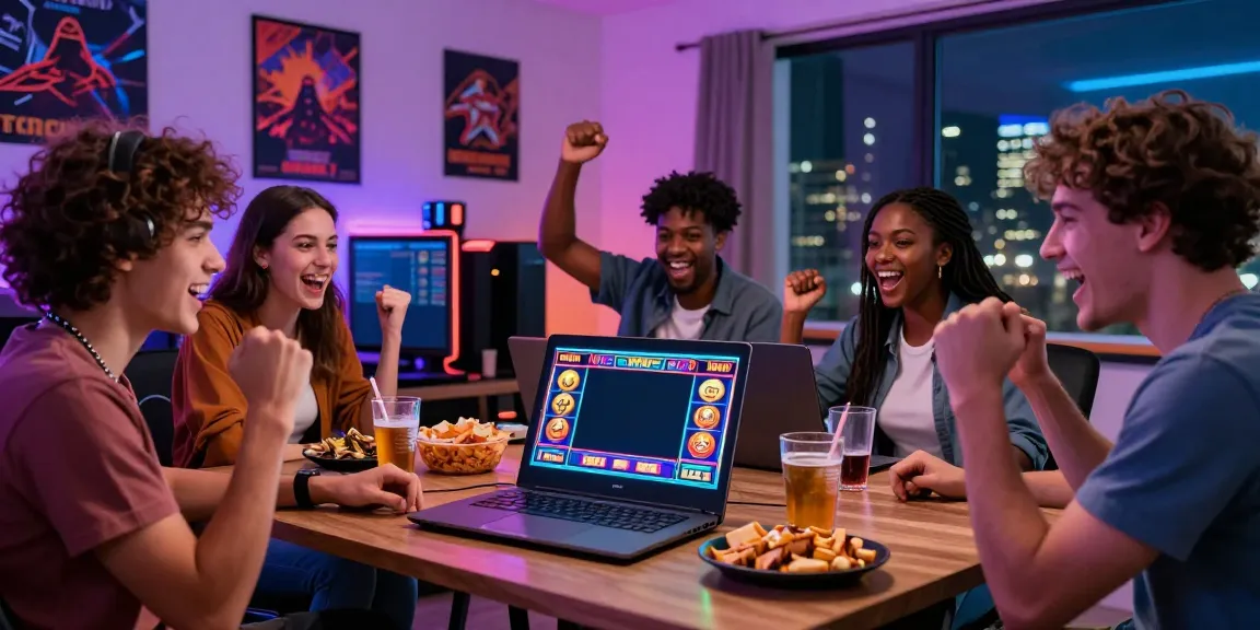Friends excitedly playing slot online game together in a cozy home setting.