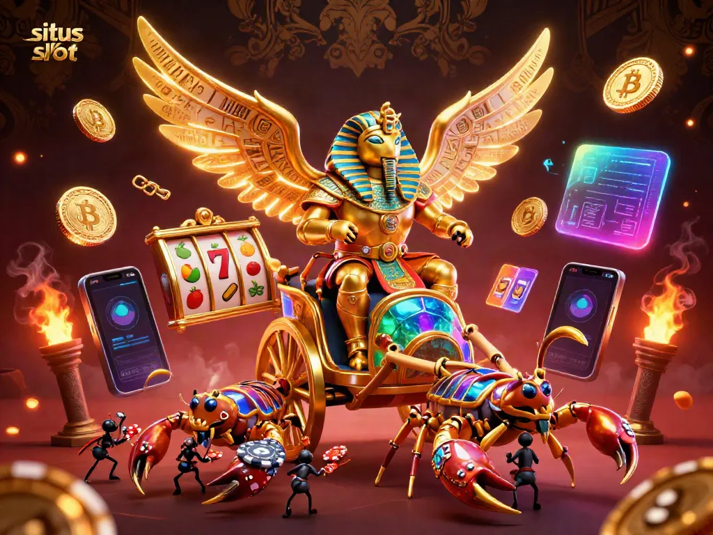 Experience the thrill of situs slot with a vibrant scene featuring a golden scarab beetle and scorpions amidst digital coins.