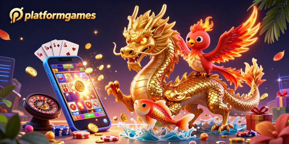 Experience thrilling gameplay on platformgames with a fierce dragon, phoenix, and koi fish amidst vibrant casino elements.