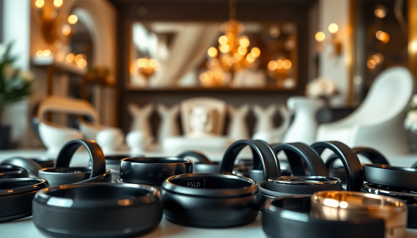 Admire exquisite black wedding rings for men with unique designs in a luxurious setting.