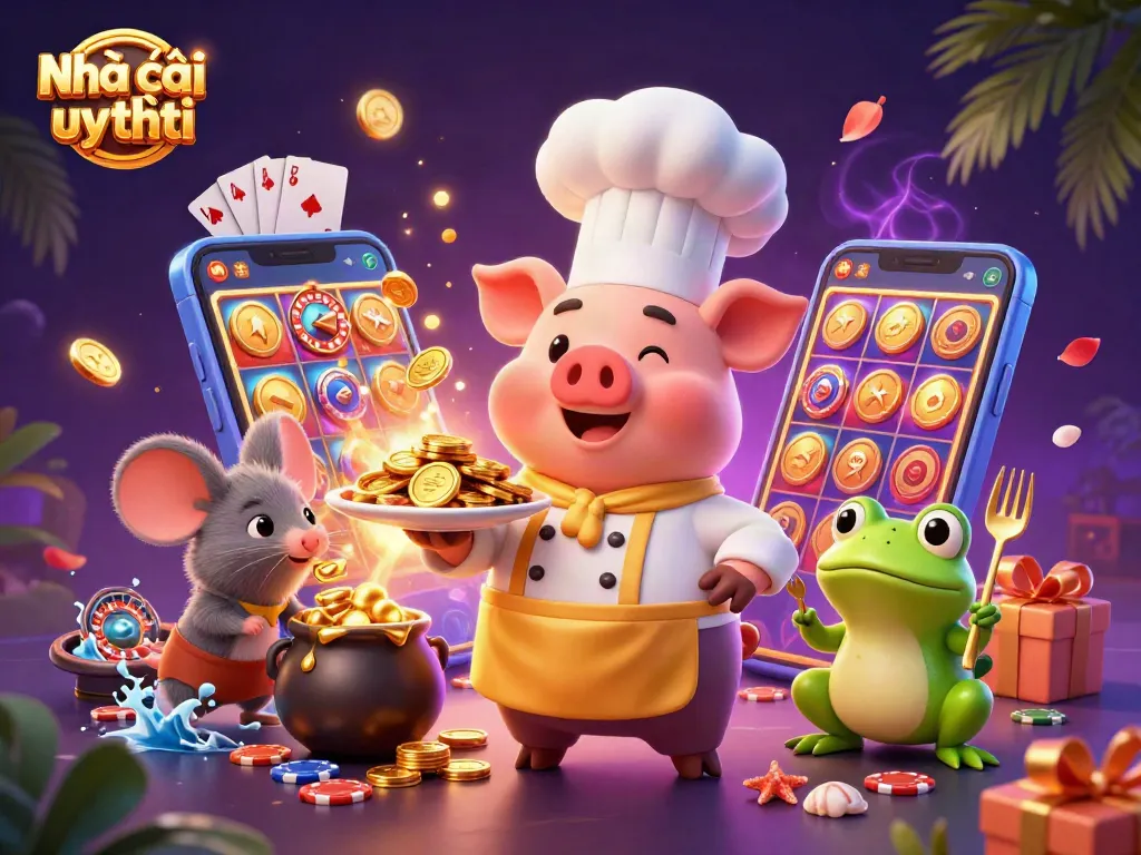 Engage in thrilling play at Nhà cái uy tín with gold coins, casino elements, and vibrant characters.