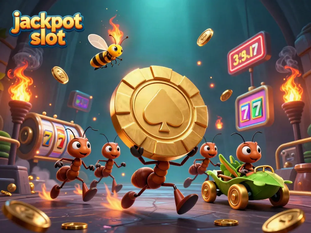 Ants and grasshopper in a heist, celebrating a jackpot slot win with golden treasures