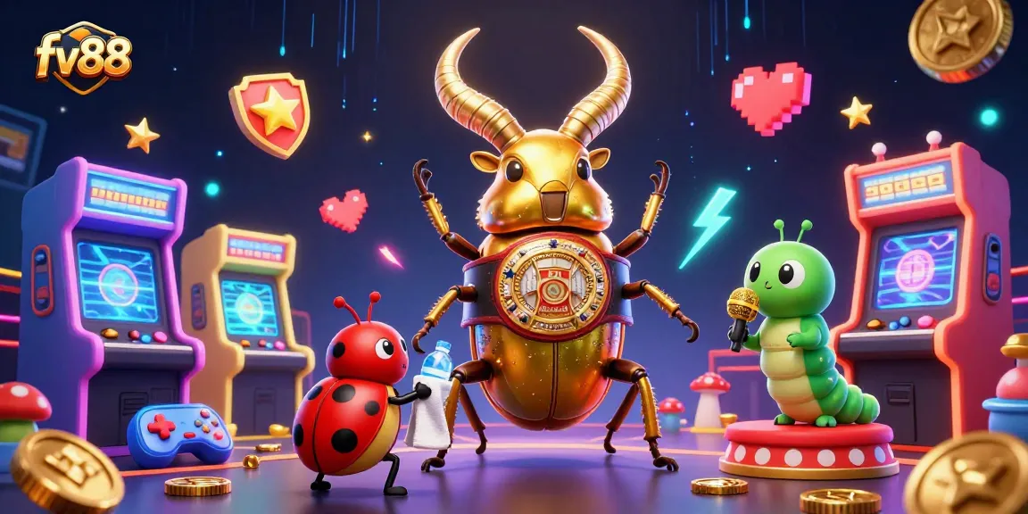 Bet on FV88 in a vibrant, dynamic casino scene featuring a golden stag beetle and ladybug corner-man.