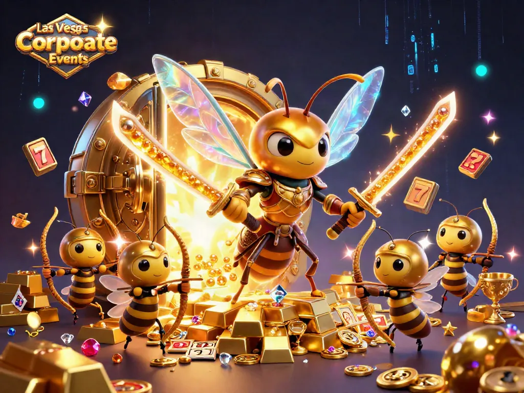 Experience Las Vegas Corporate Events with vibrant casino-themed characters and rich gold visuals.