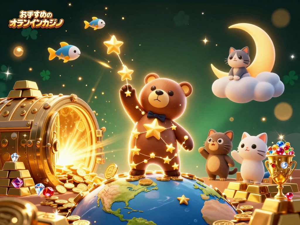 おすすめのオンラインカジノで得られる特典と楽しさをテーマにした幻想的なイラスト