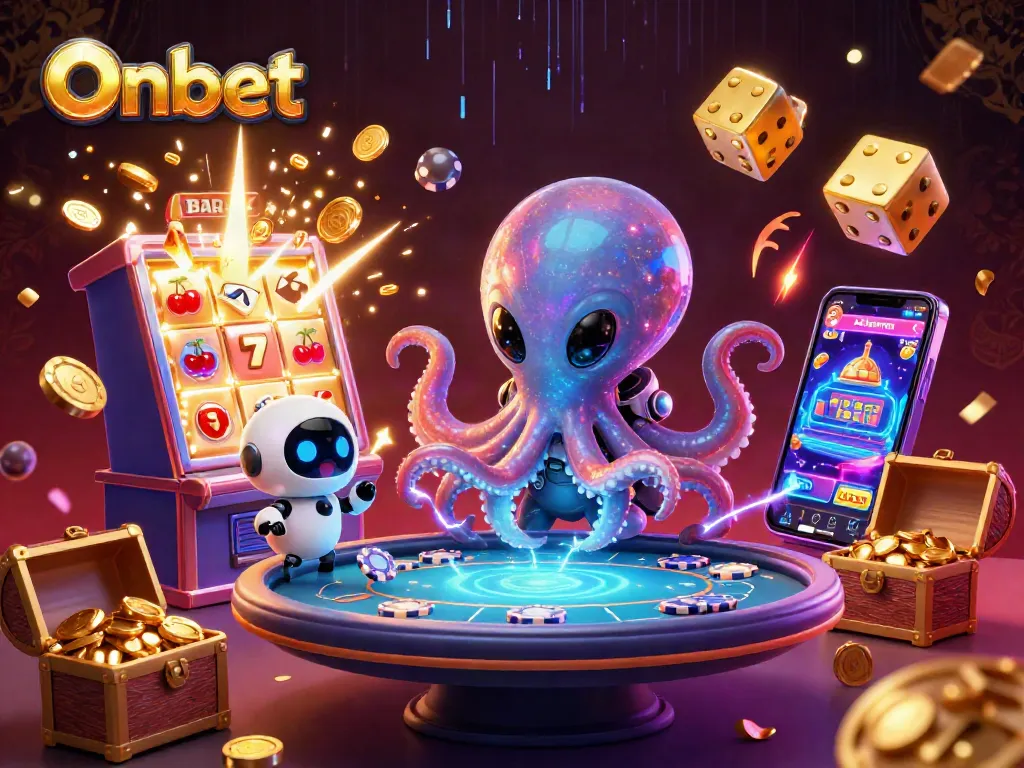 Onbet features a lively alien octopus at an interactive poker table, surrounded by casino symbols.