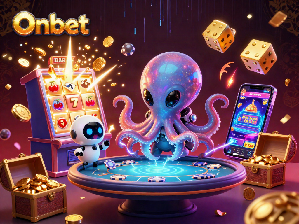 Onbet features a lively alien octopus at an interactive poker table, surrounded by casino symbols.